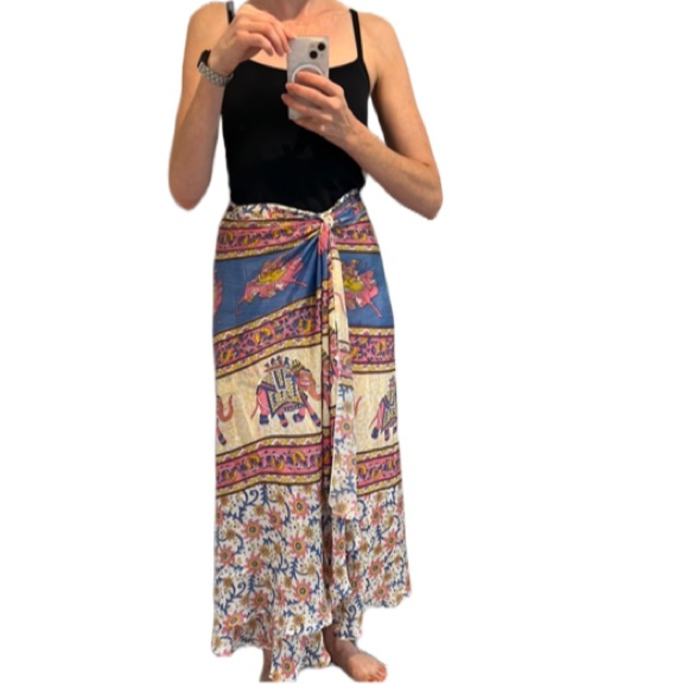 Vintage silk wrap skirt with elephant motifs. Made in India.